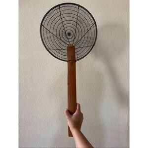 Vintage Chinese spider skimmer long wooden handle fry scoop bronze mesh